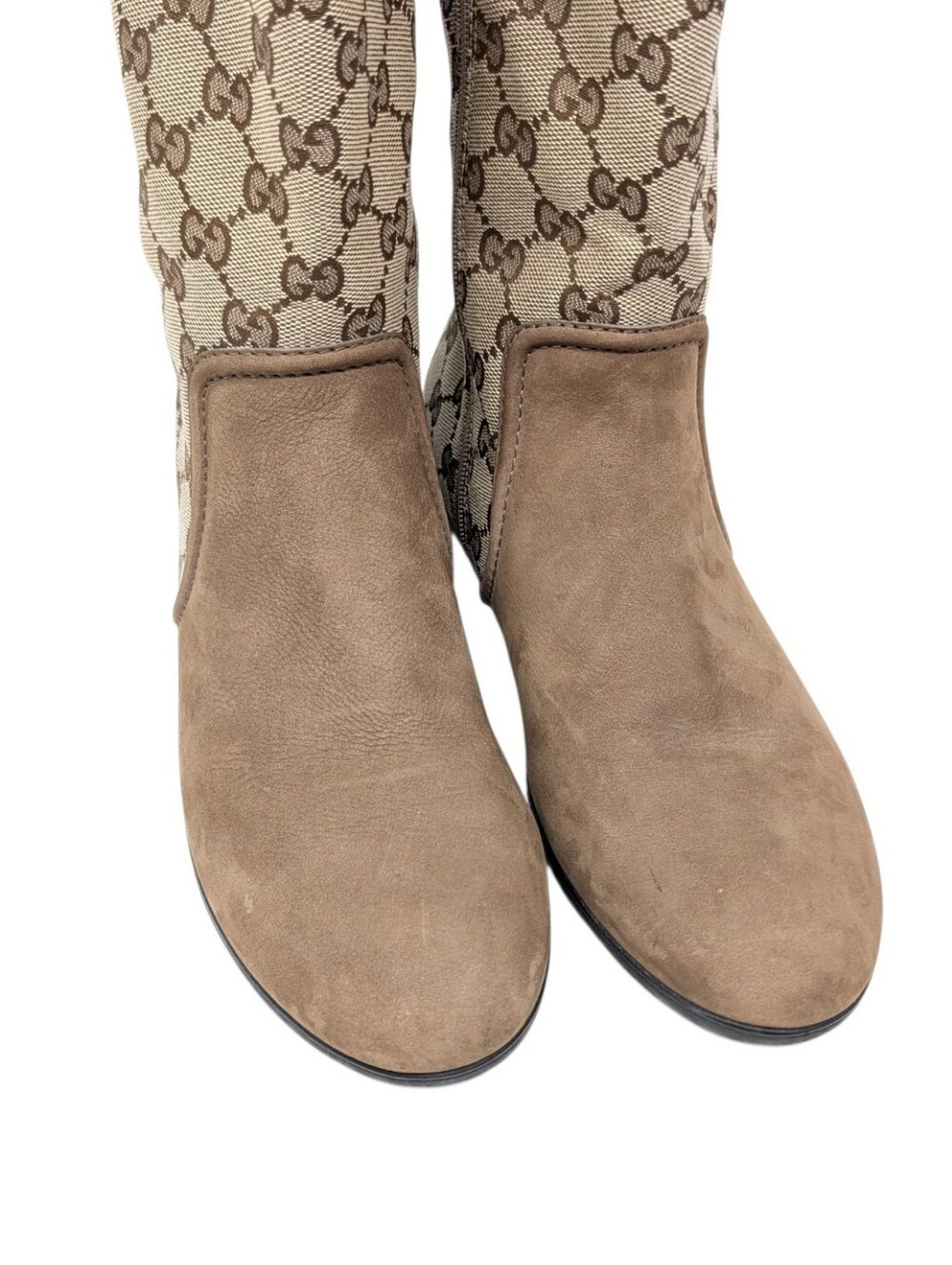 Gucci Monogram Beige Brown Canvas Suede Knee High Flat Riding Boots Size EU 37.5 - Picture 10 of 14
